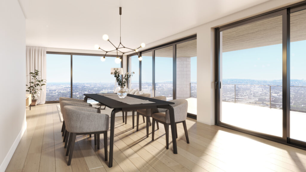 Salle à manger de luxe avec fenestration pleine grandeur et vue sur la Rivière des Prairies et Montréal