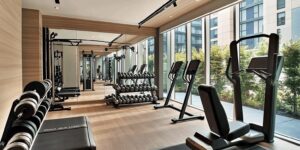 Espace fitness avec miroirs et équipement complet, pour résidents de Laval