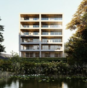 Vue imprenable sur l'eau depuis cet immeuble moderne en béton à Laval