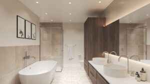Salle de bain principale avec planchers chauffants, baignoire autoportante et douche en verre