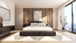Chambre moderne avec vue sur la ville