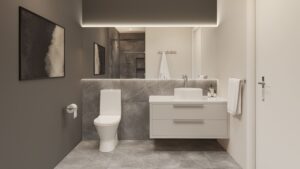 Salle de bain secondaire haut de gamme, avec douche dissimulée et éclairage LED