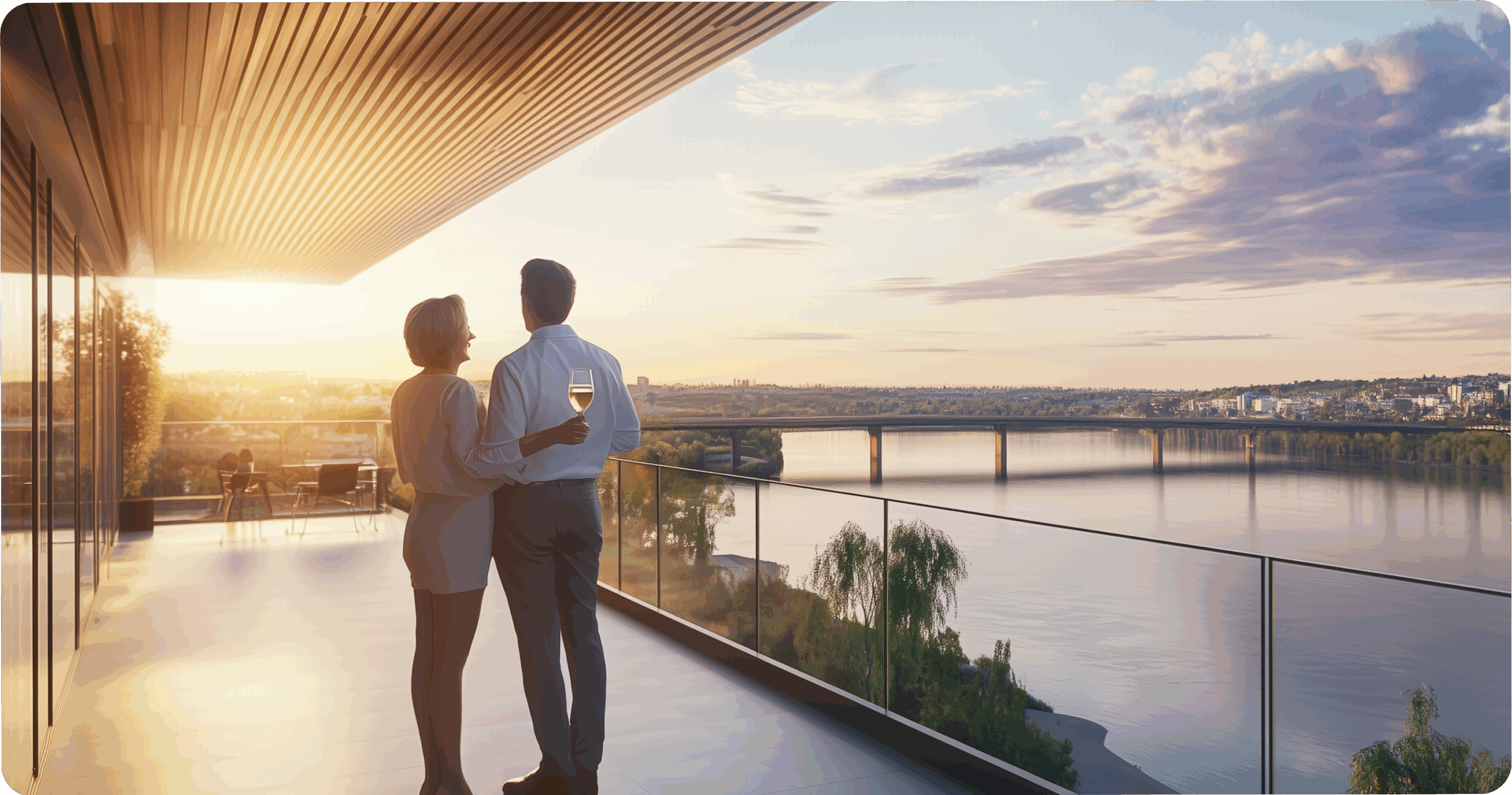Couple sur un balcon avec vue sur la rivière des Prairies au coucher du soleil